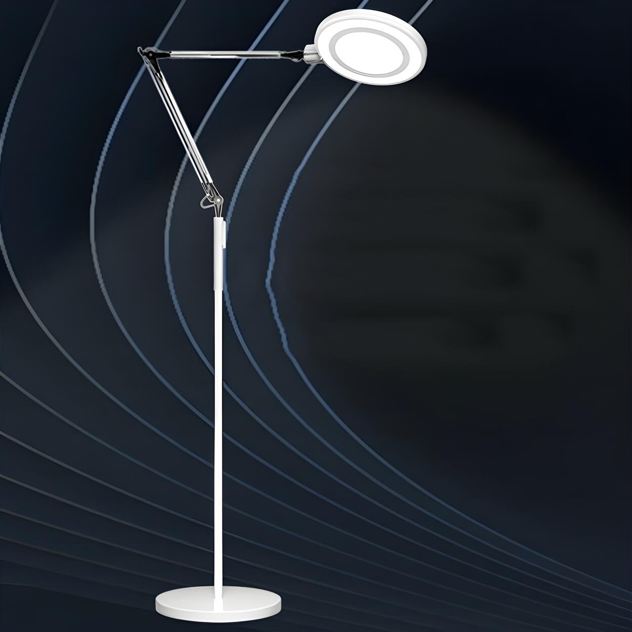 Adjustable White Round LED Swing Arm Floor Lamp