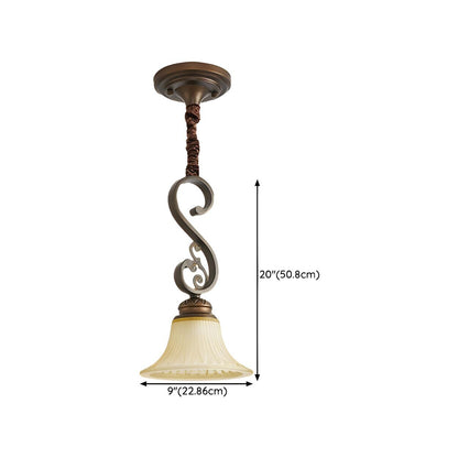 Antique Bronze White Pleated Glass Bell Pendant Light