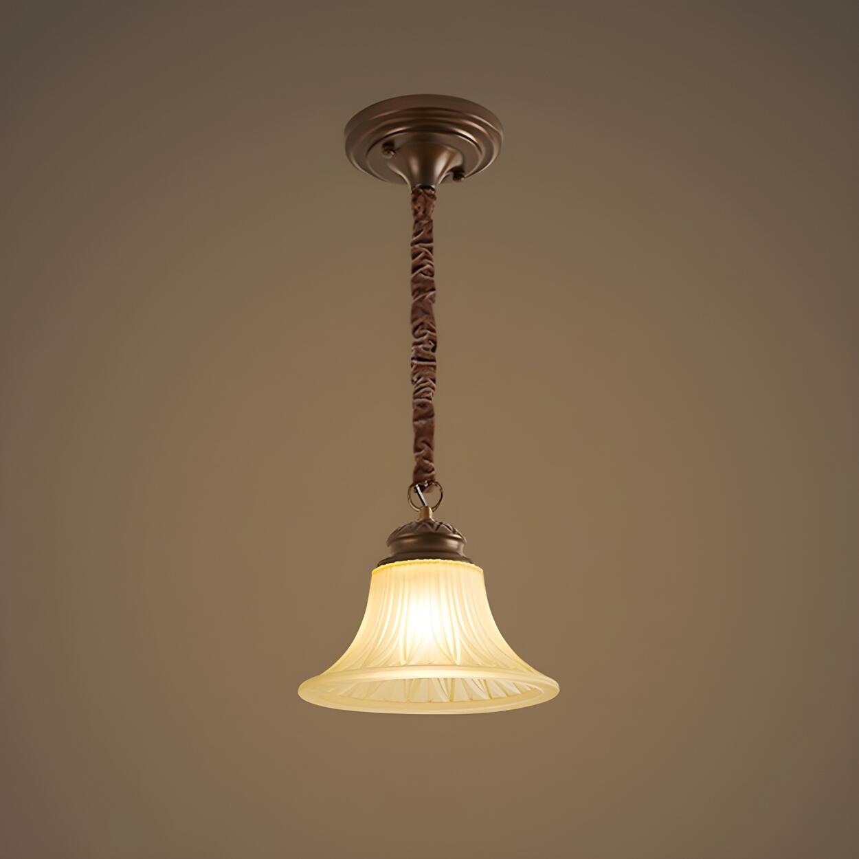 Antique Bronze White Pleated Glass Bell Pendant Light