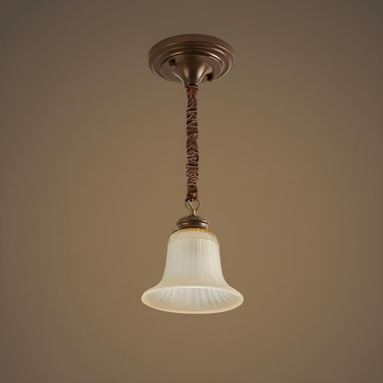 Antique Bronze White Pleated Glass Bell Pendant Light