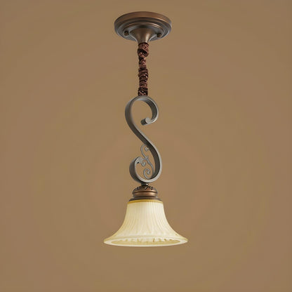 Antique Bronze White Pleated Glass Bell Pendant Light