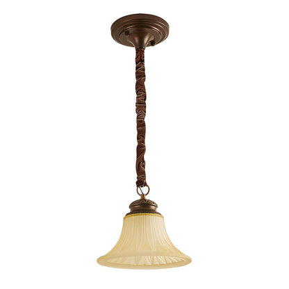 Antique Bronze White Pleated Glass Bell Pendant Light