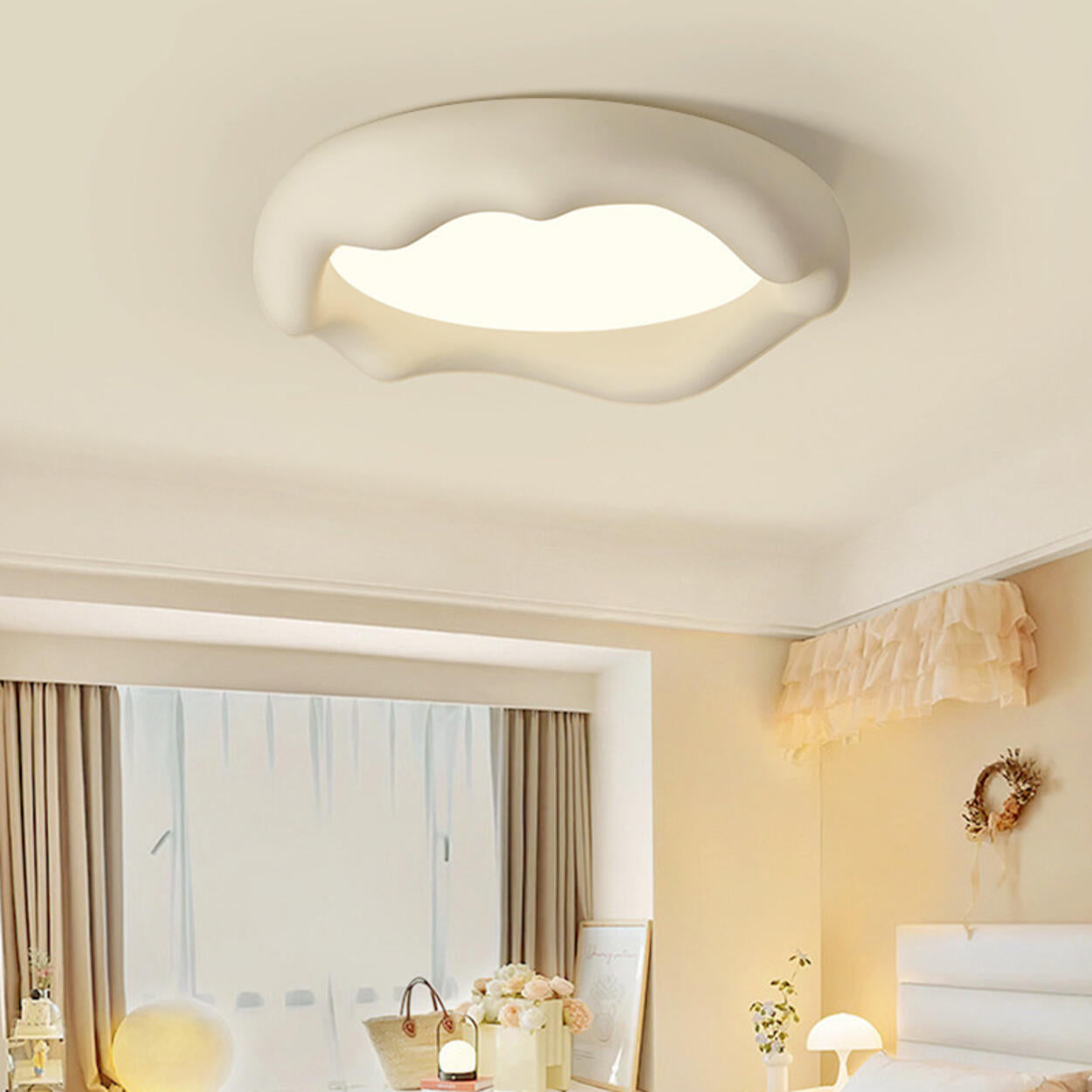 Bedroom Milk Coffee Wave Round Flush-Mount Ceiling Lamp