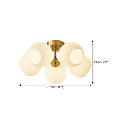 Bedroom White Glass Globe Semi-Flush Mount Lamp 5-Light