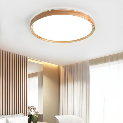 Bedroom Wood Brown Round LED Flush Mount Ceiling Light