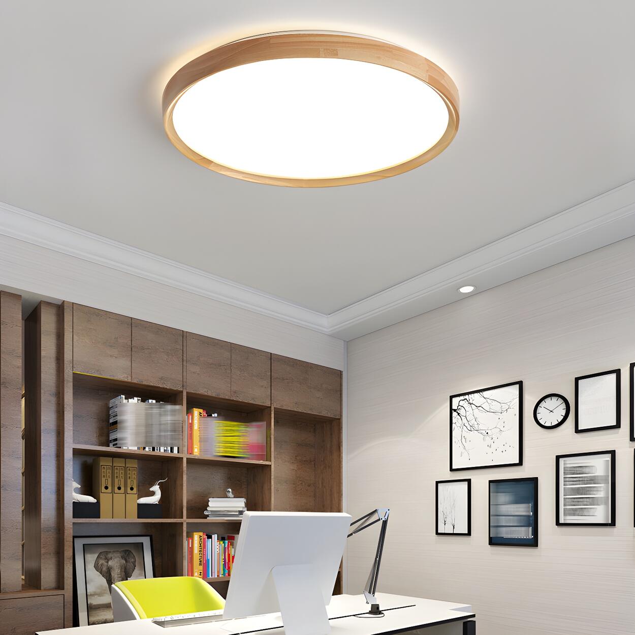 Bedroom Wood Brown Round LED Flush Mount Ceiling Light