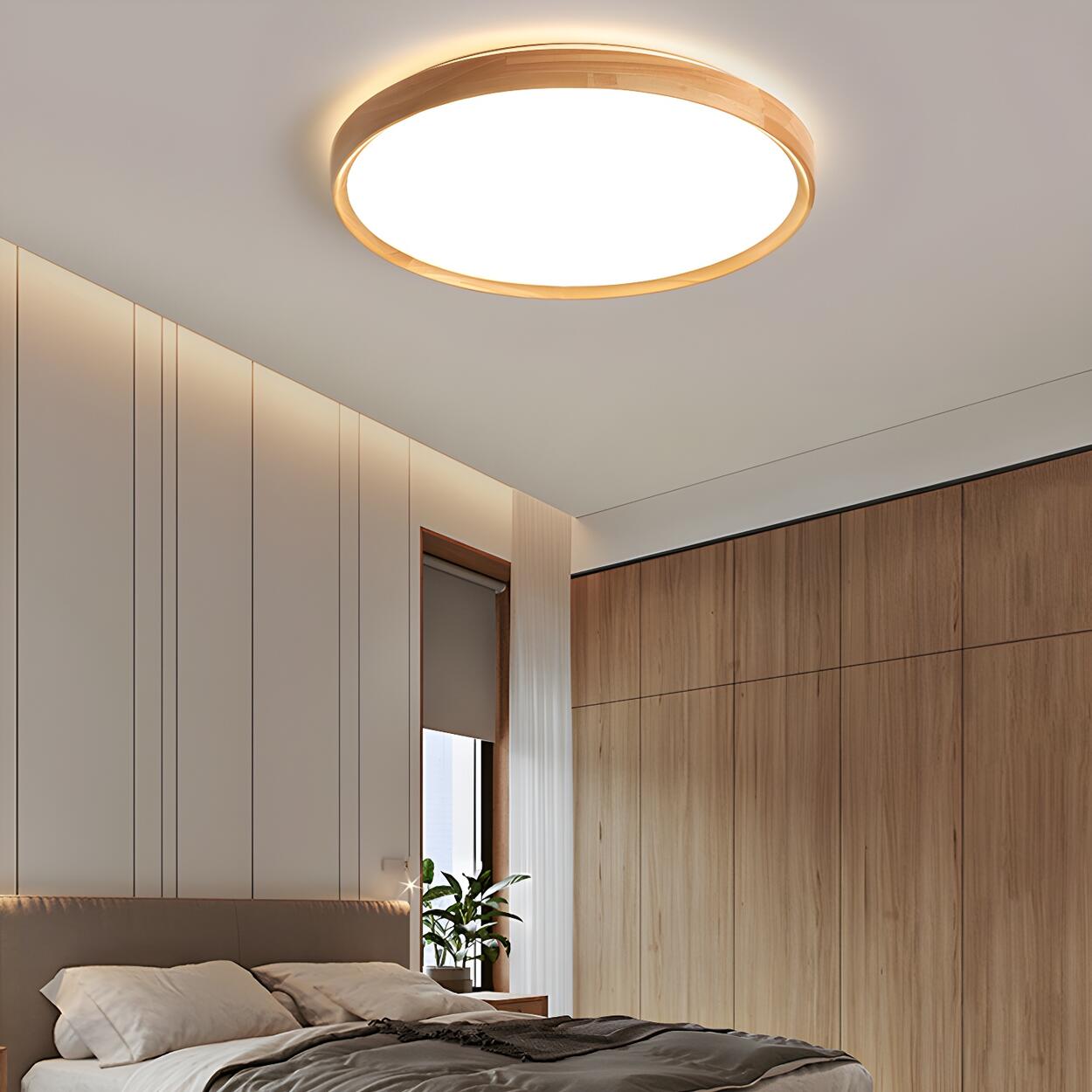 Bedroom Wood Brown Round LED Flush Mount Ceiling Light