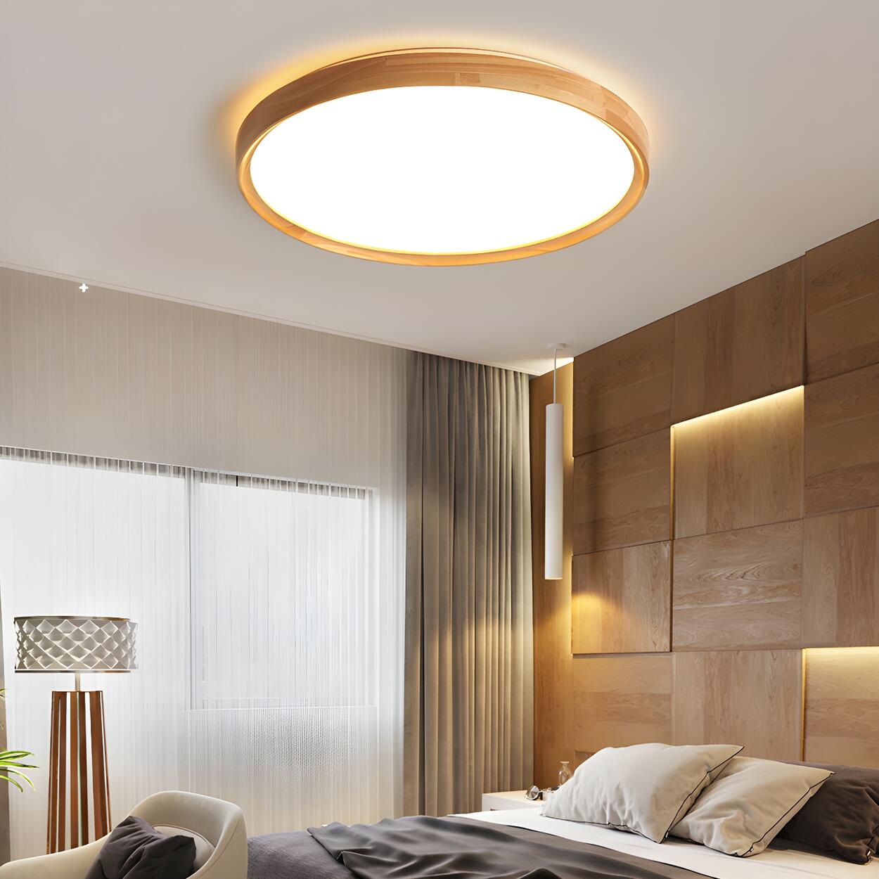 Bedroom Wood Brown Round LED Flush Mount Ceiling Light