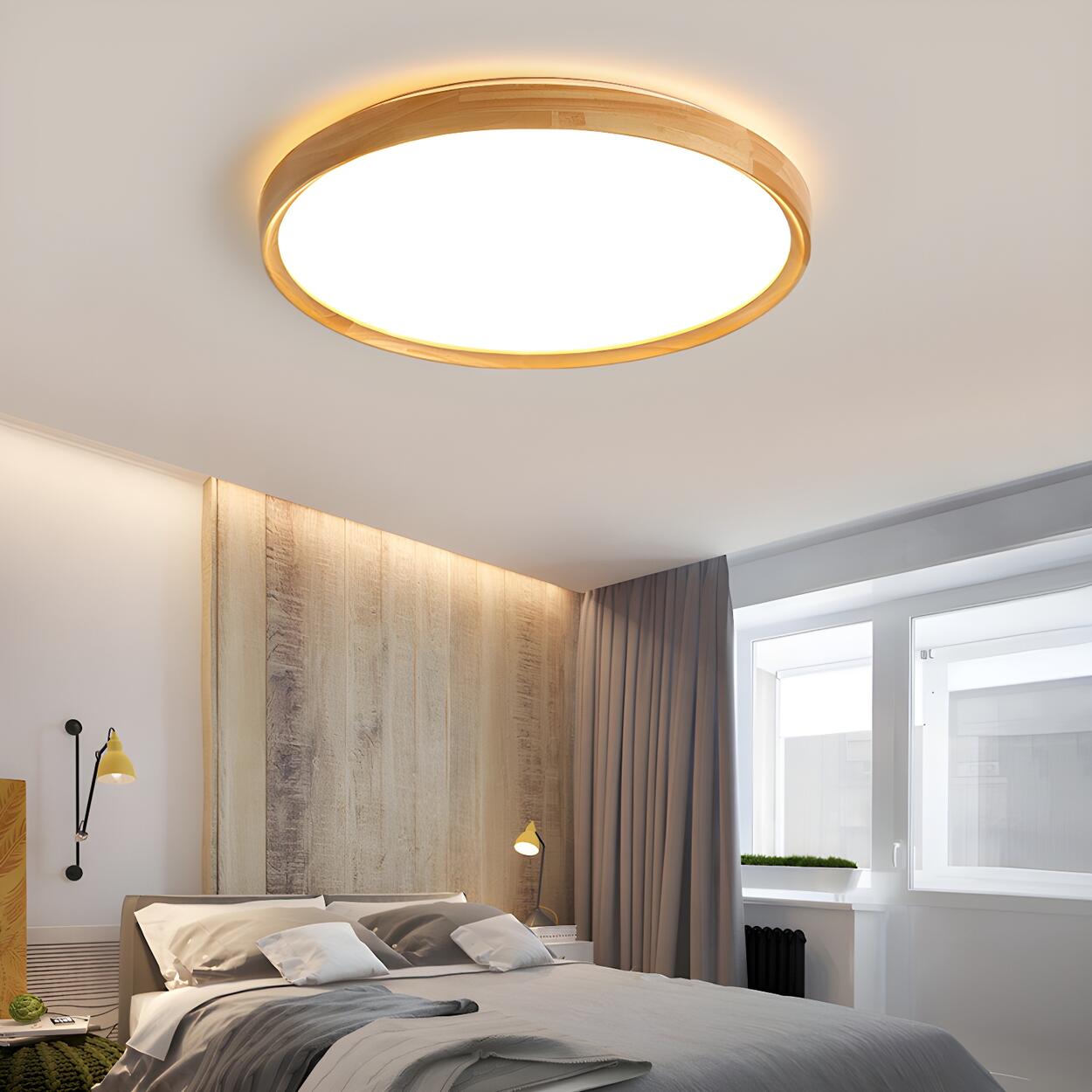 Bedroom Wood Brown Round LED Flush Mount Ceiling Light