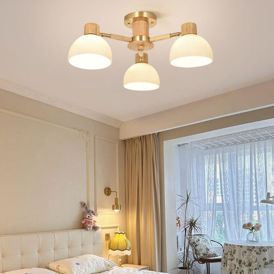 Bedroom Wood Dome Semi-Flush Mount Light 3 Lights