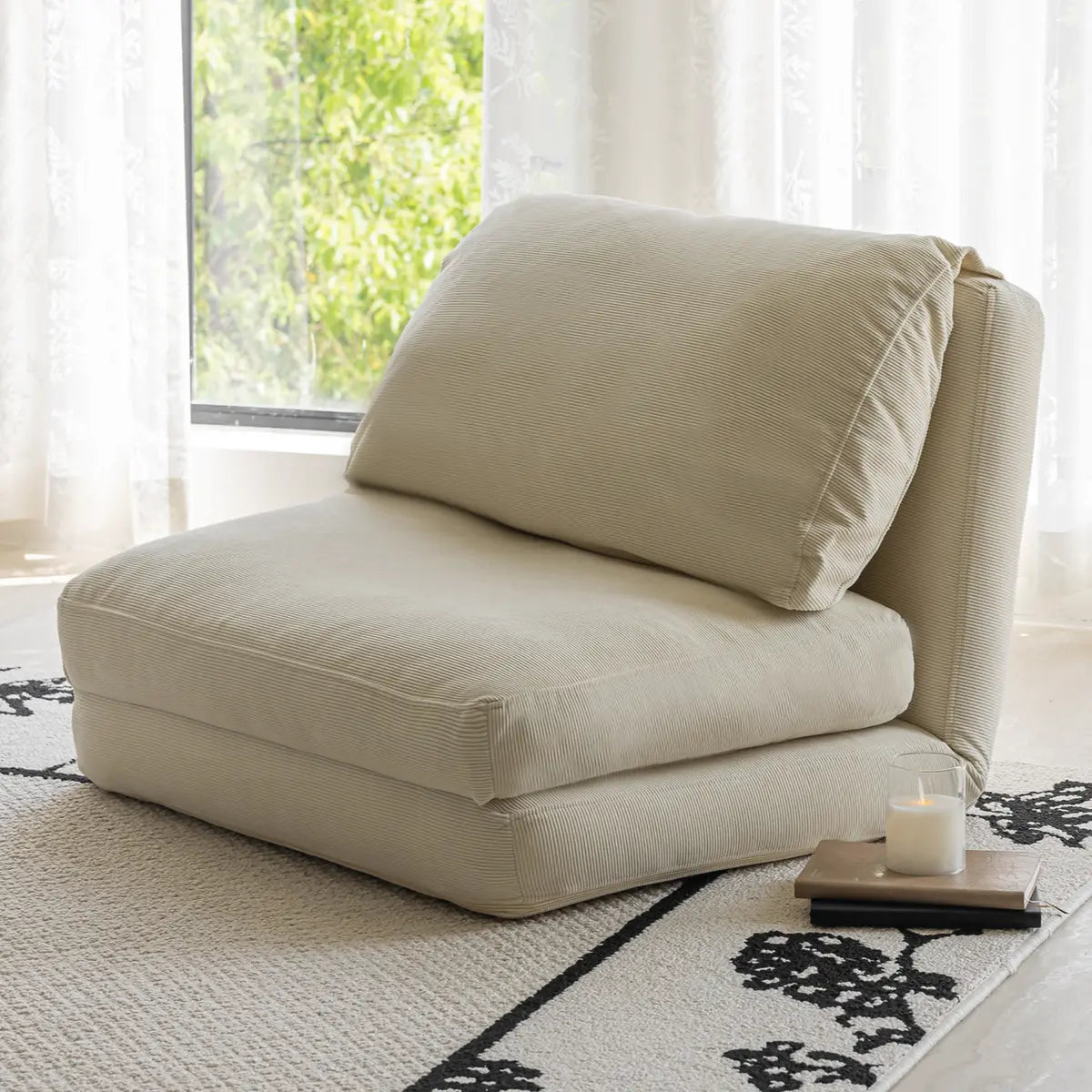 Beige Corduroy Cushion Back Reclining Convertible Chair