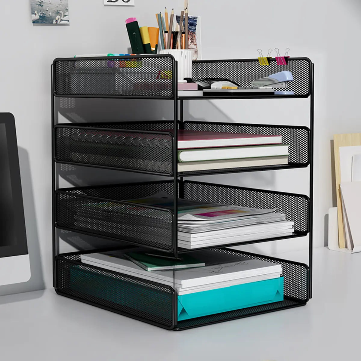 Black Modern Iron Mesh Desktop Organizer Bookcases