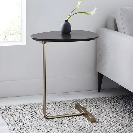 C-Shaped Metal Black Minimalist Pine Wood Side Table