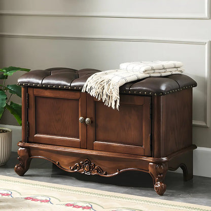 Cherry Wood Tufted Entryway Bench with Cabinets