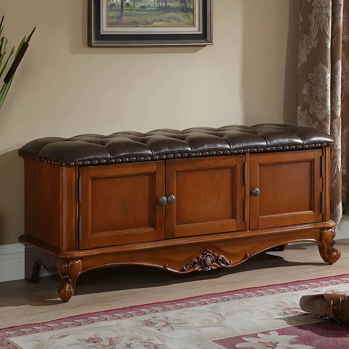 Cherry Wood Tufted Entryway Bench with Cabinets