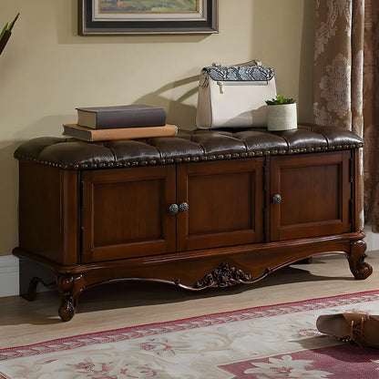 Cherry Wood Tufted Entryway Bench with Cabinets