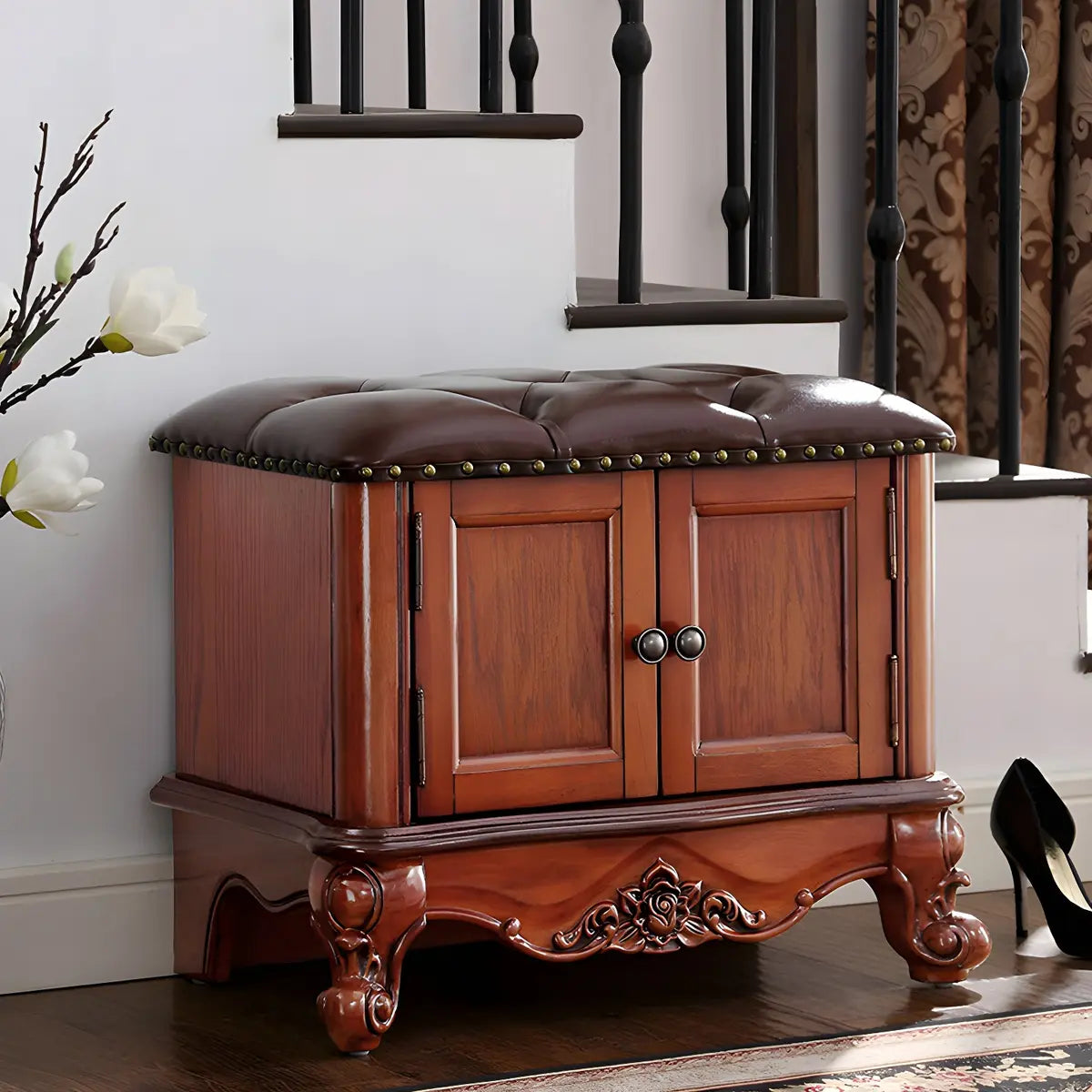 Cherry Wood Tufted Entryway Bench with Cabinets