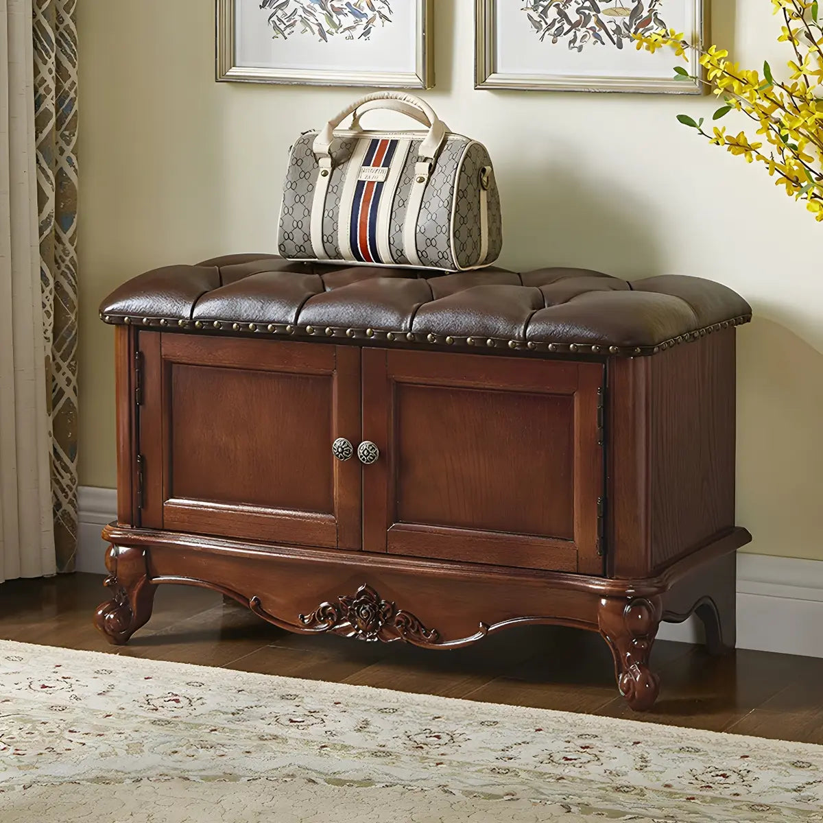 Cherry Wood Tufted Entryway Bench with Cabinets