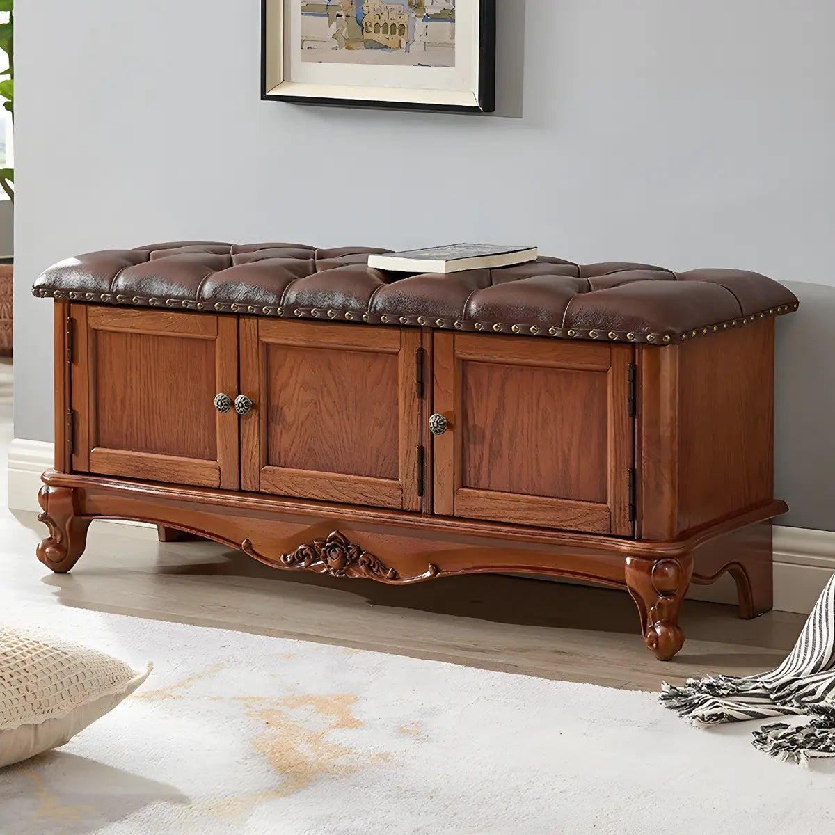 Cherry Wood Tufted Entryway Bench with Cabinets