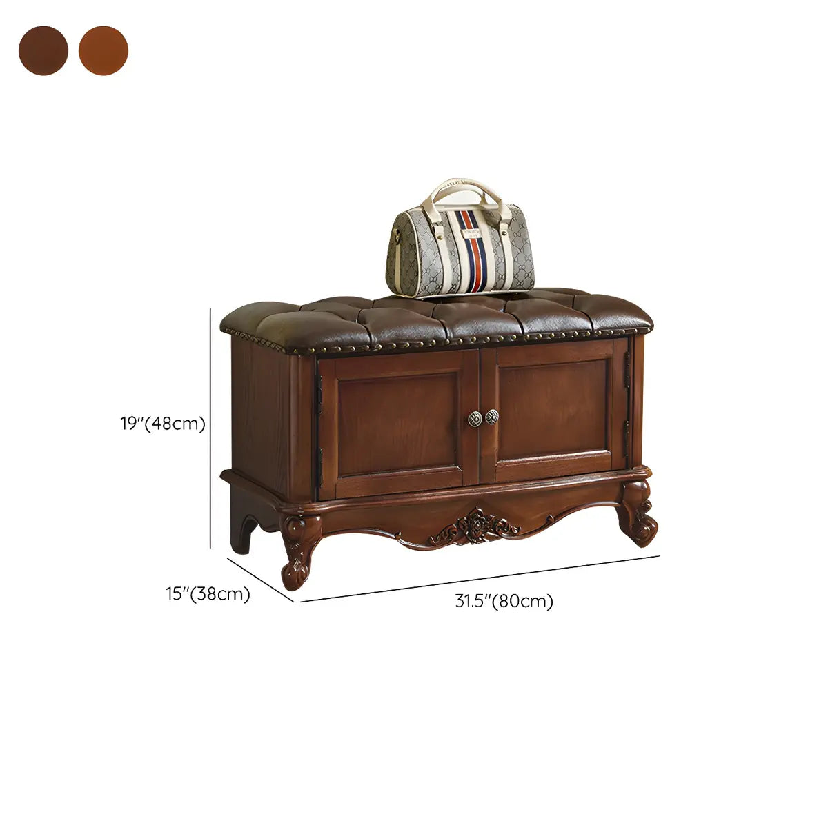 Cherry Wood Tufted Entryway Bench with Cabinets