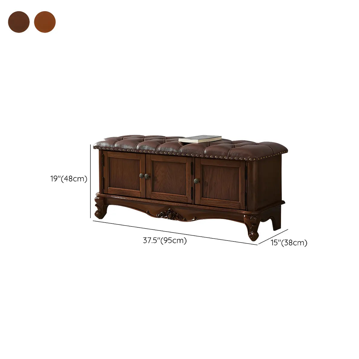 Cherry Wood Tufted Entryway Bench with Cabinets