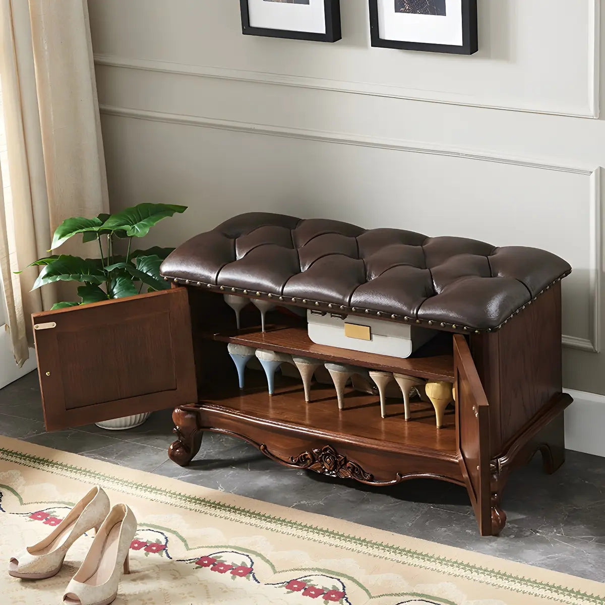 Cherry Wood Tufted Entryway Bench with Cabinets