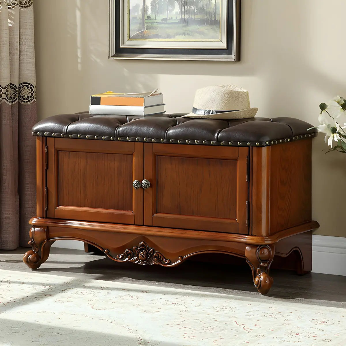 Cherry Wood Tufted Entryway Bench with Cabinets