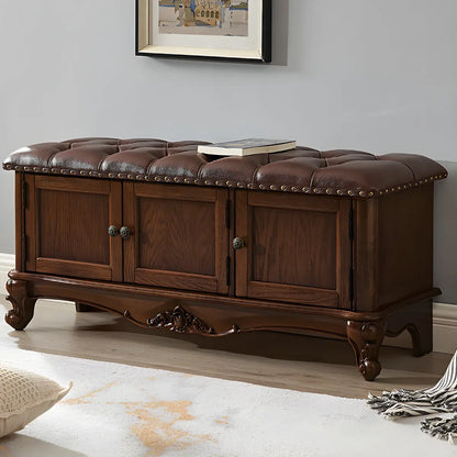 Cherry Wood Tufted Entryway Bench with Cabinets