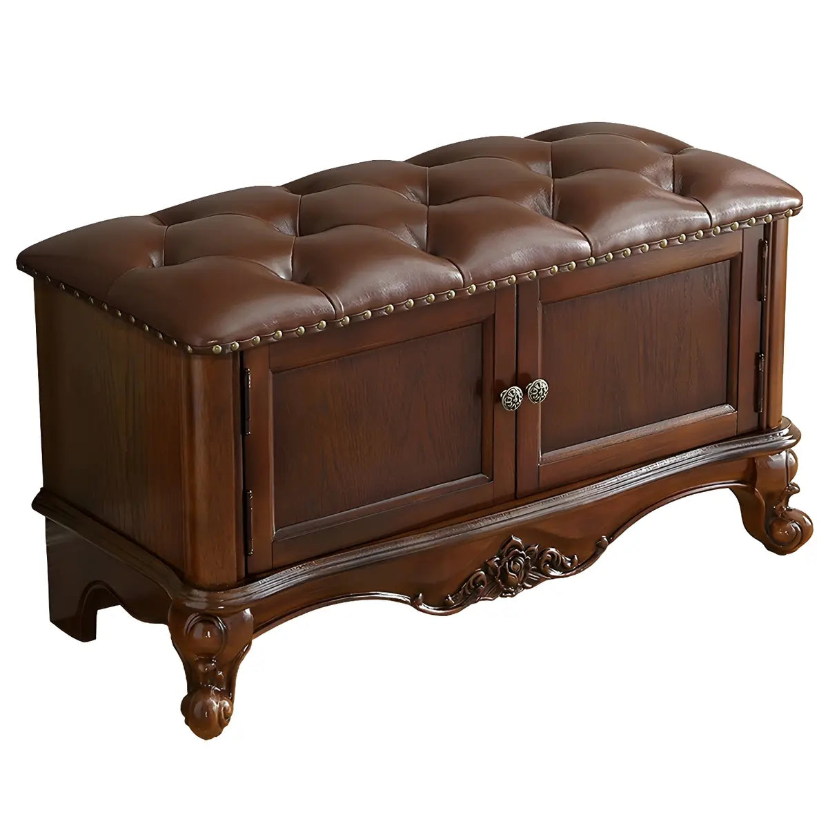 Cherry Wood Tufted Entryway Bench with Cabinets