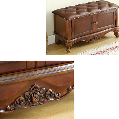 Cherry Wood Tufted Entryway Bench with Cabinets