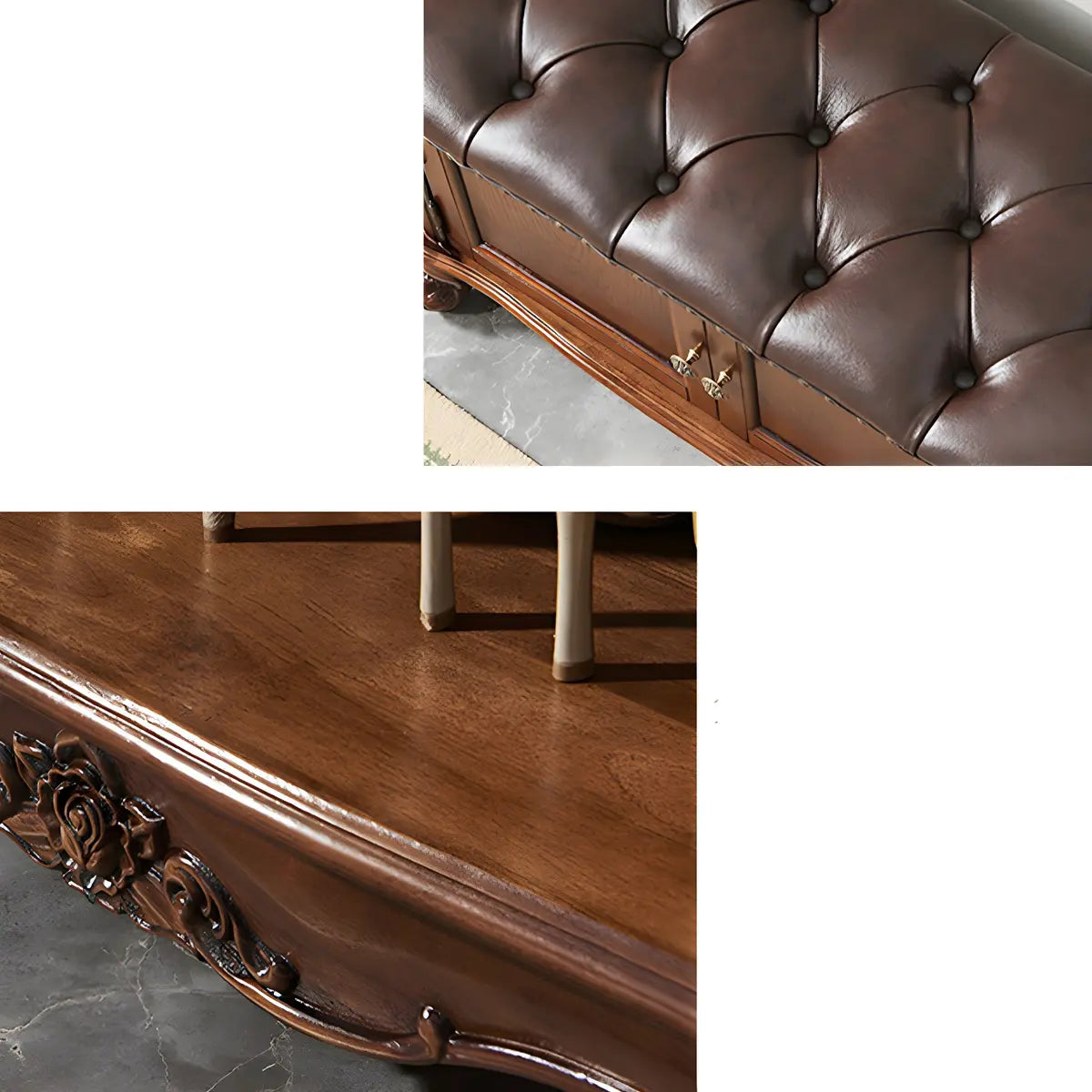 Cherry Wood Tufted Entryway Bench with Cabinets