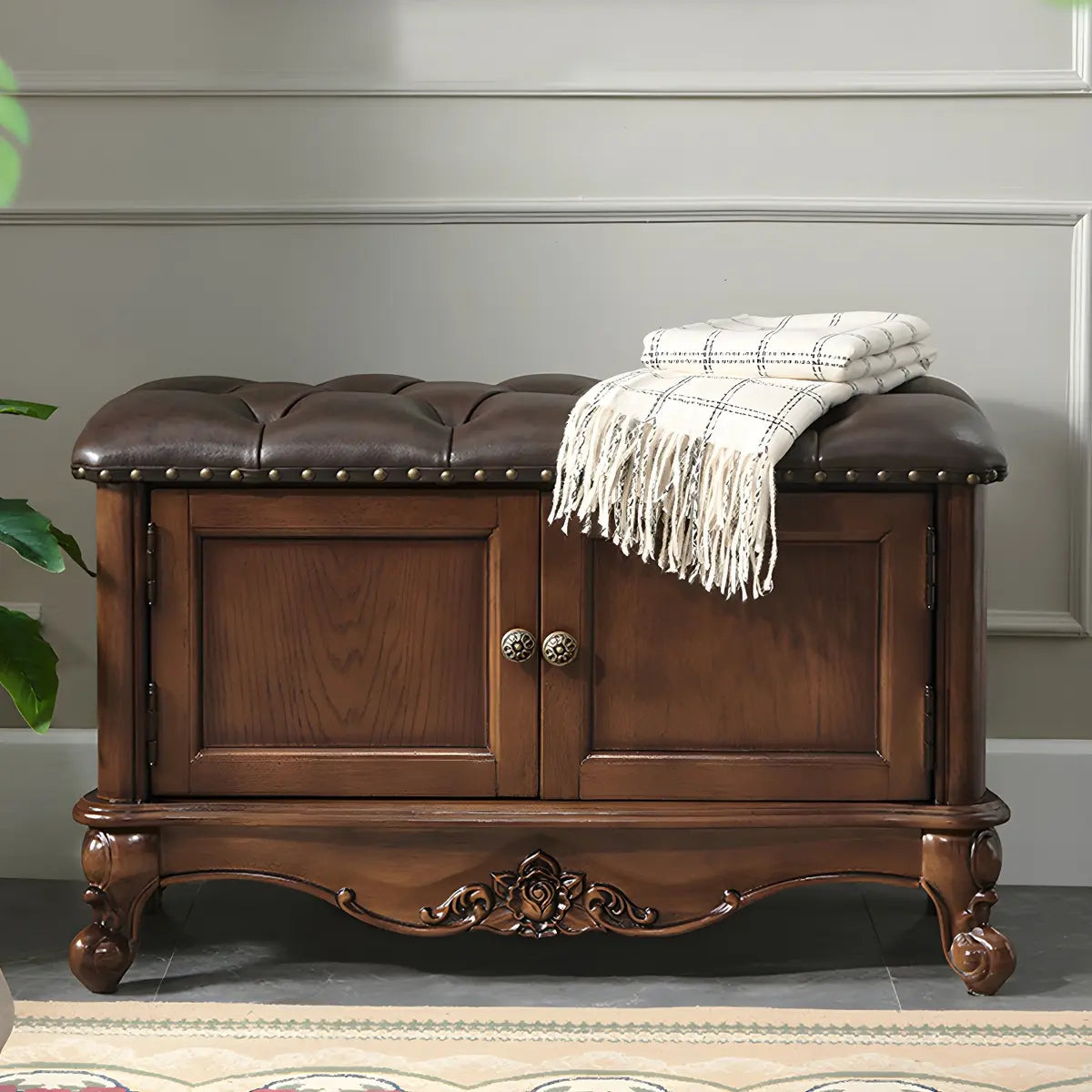 Cherry Wood Tufted Entryway Bench with Cabinets