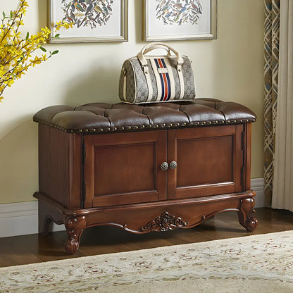 Cherry Wood Tufted Entryway Bench with Cabinets