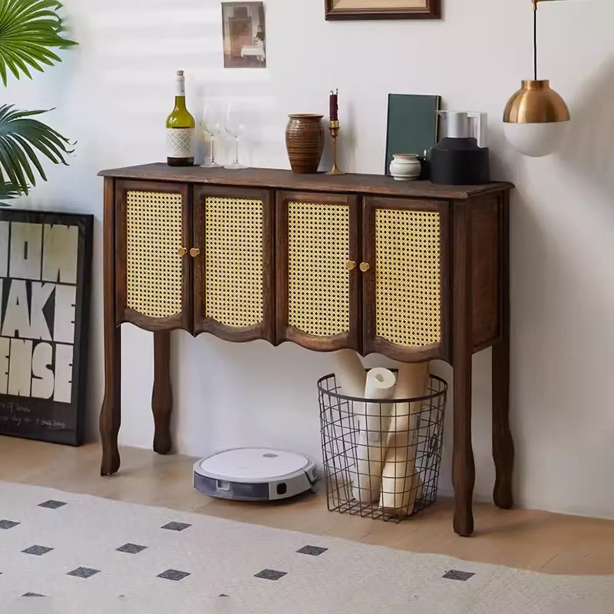 Classic Rectangular Wooden Brown Storage Console Table