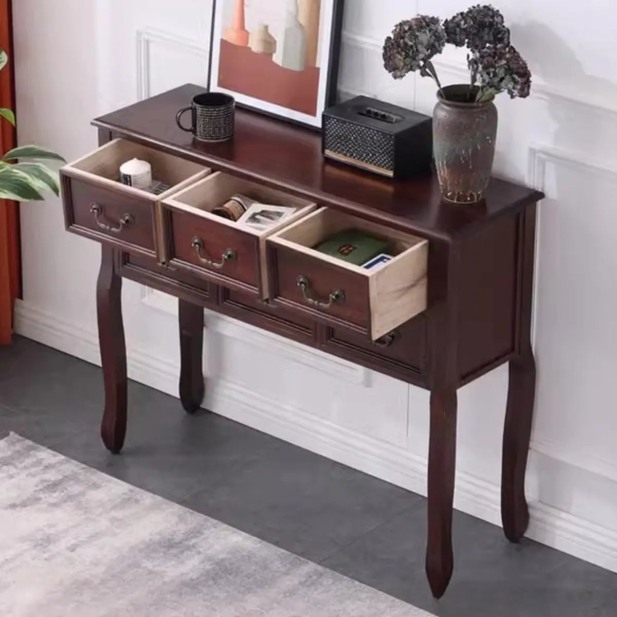 Classic Rectangular Wooden Brown Storage Console Table