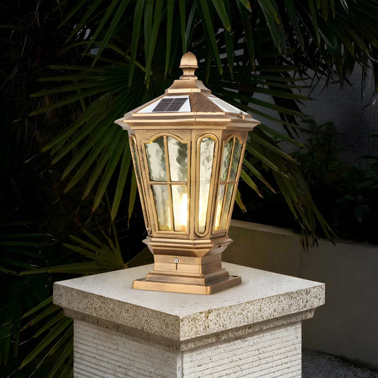 Classic Solar Pillar Lantern Gold LED Outdoor Table Lamp