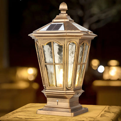 Classic Solar Pillar Lantern Gold LED Outdoor Table Lamp