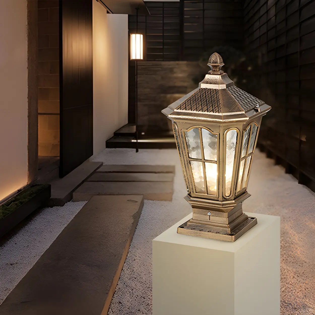 Classic Solar Pillar Lantern Gold LED Outdoor Table Lamp