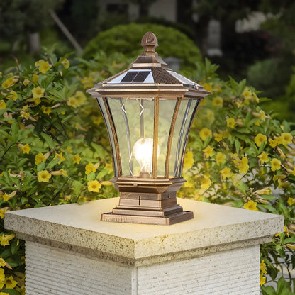 Classic Solar Pillar Lantern Gold LED Outdoor Table Lamp