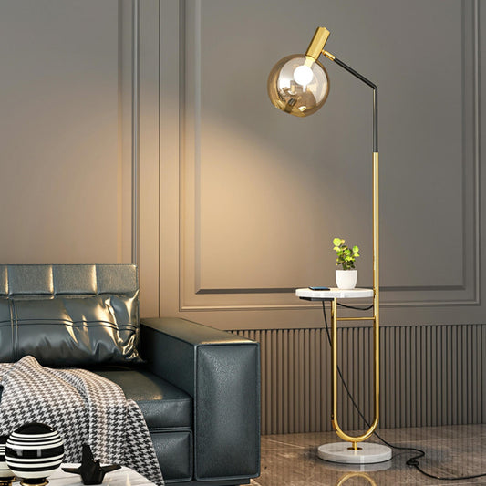 Contemporary Gold Globe Floor Lamp with Marble Storage