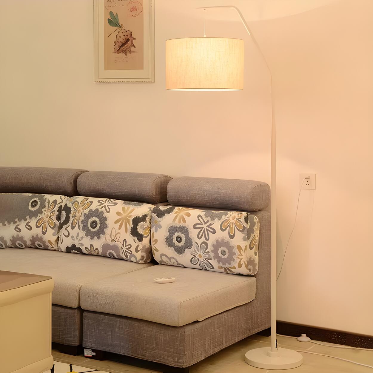 Contemporary Linen Cylinder Shade Arc Floor Lamp