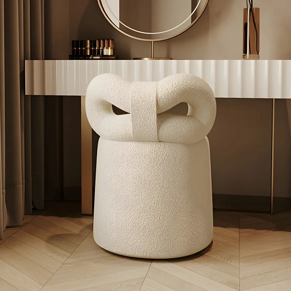 Cream Drum Upholstered Bow Back Swivel Vanity Stool