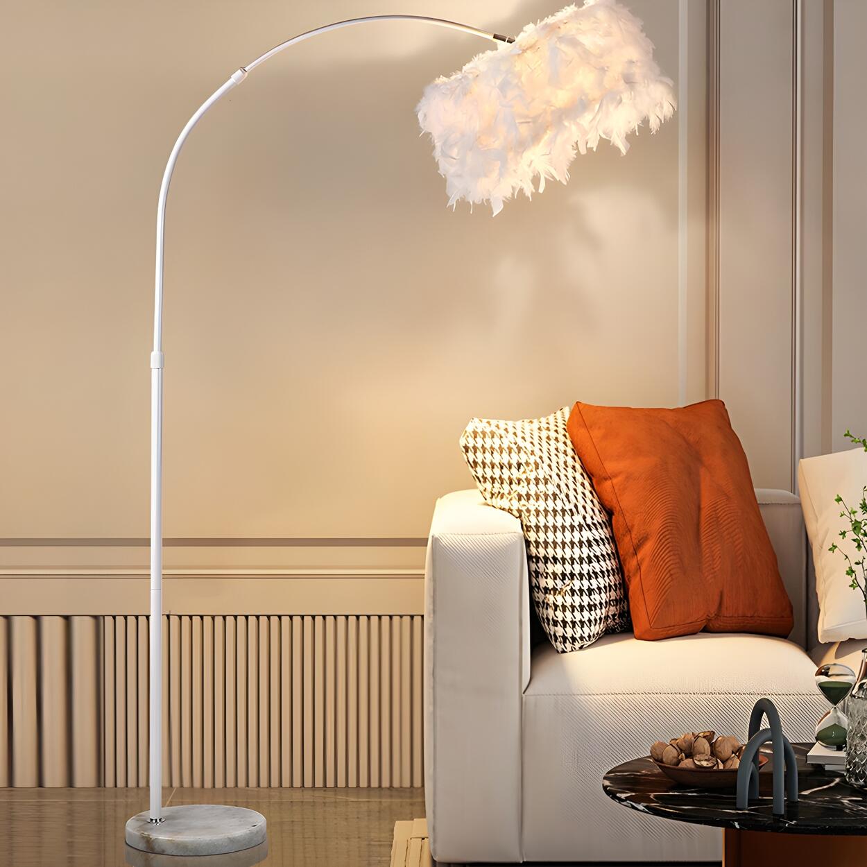 Elegant Adjustable Height Feather Arc Floor Lamp