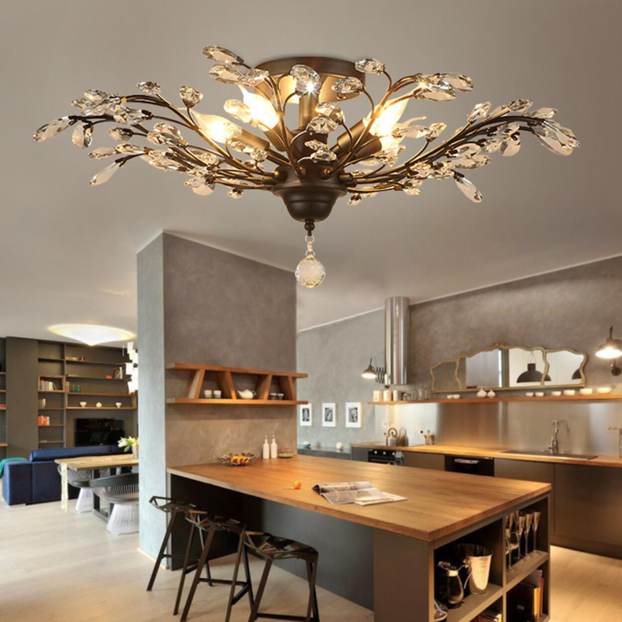 Elegant Large Crystal Branch Semi-Flush Mount Light