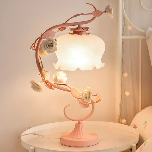 Elegant Pastoral Ceramic Rose Glass Bedside Table Lamp