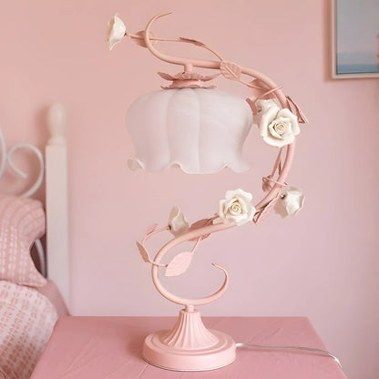 Elegant Pastoral Ceramic Rose Glass Bedside Table Lamp