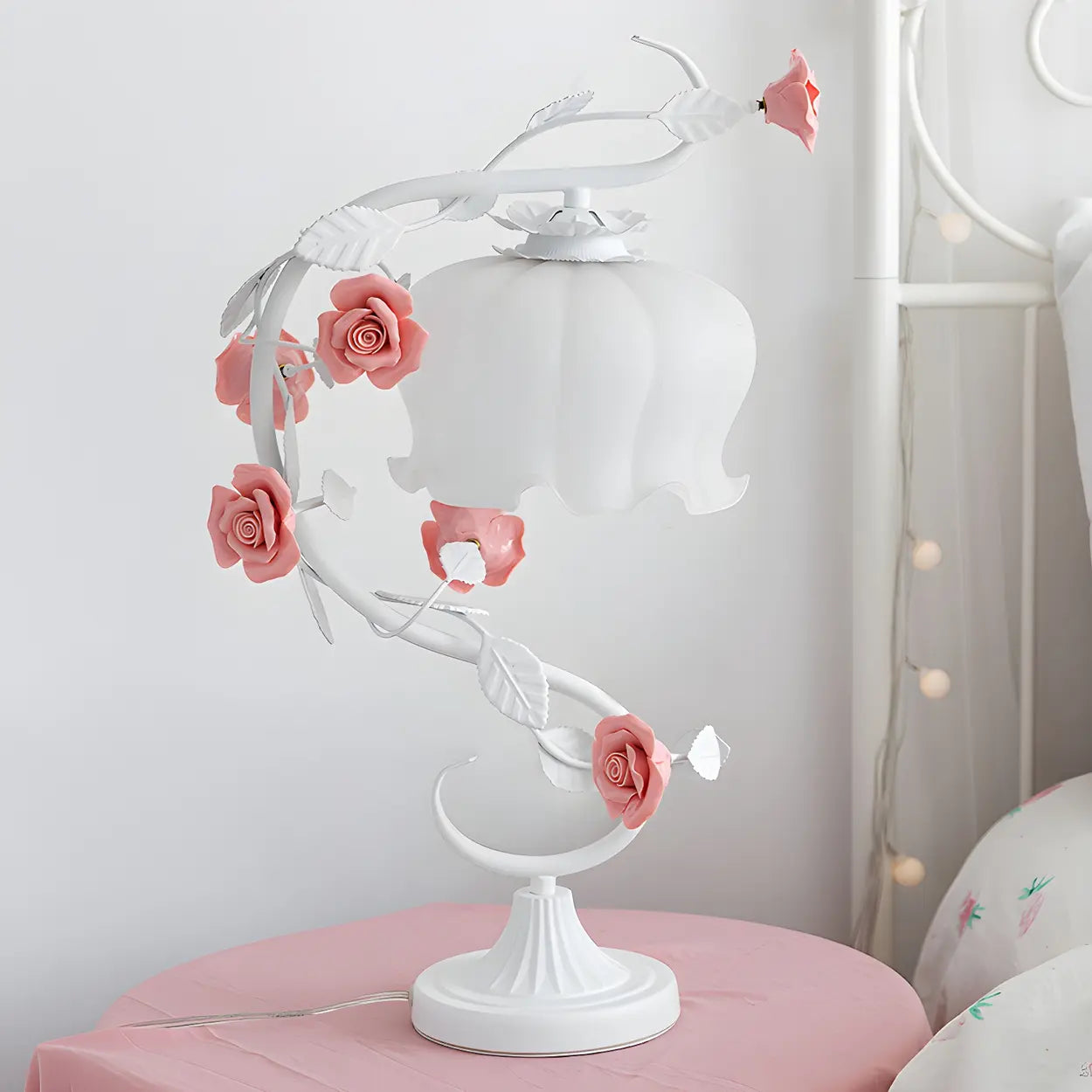 Elegant Pastoral Ceramic Rose Glass Bedside Table Lamp