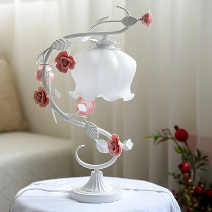 Elegant Pastoral Ceramic Rose Glass Bedside Table Lamp