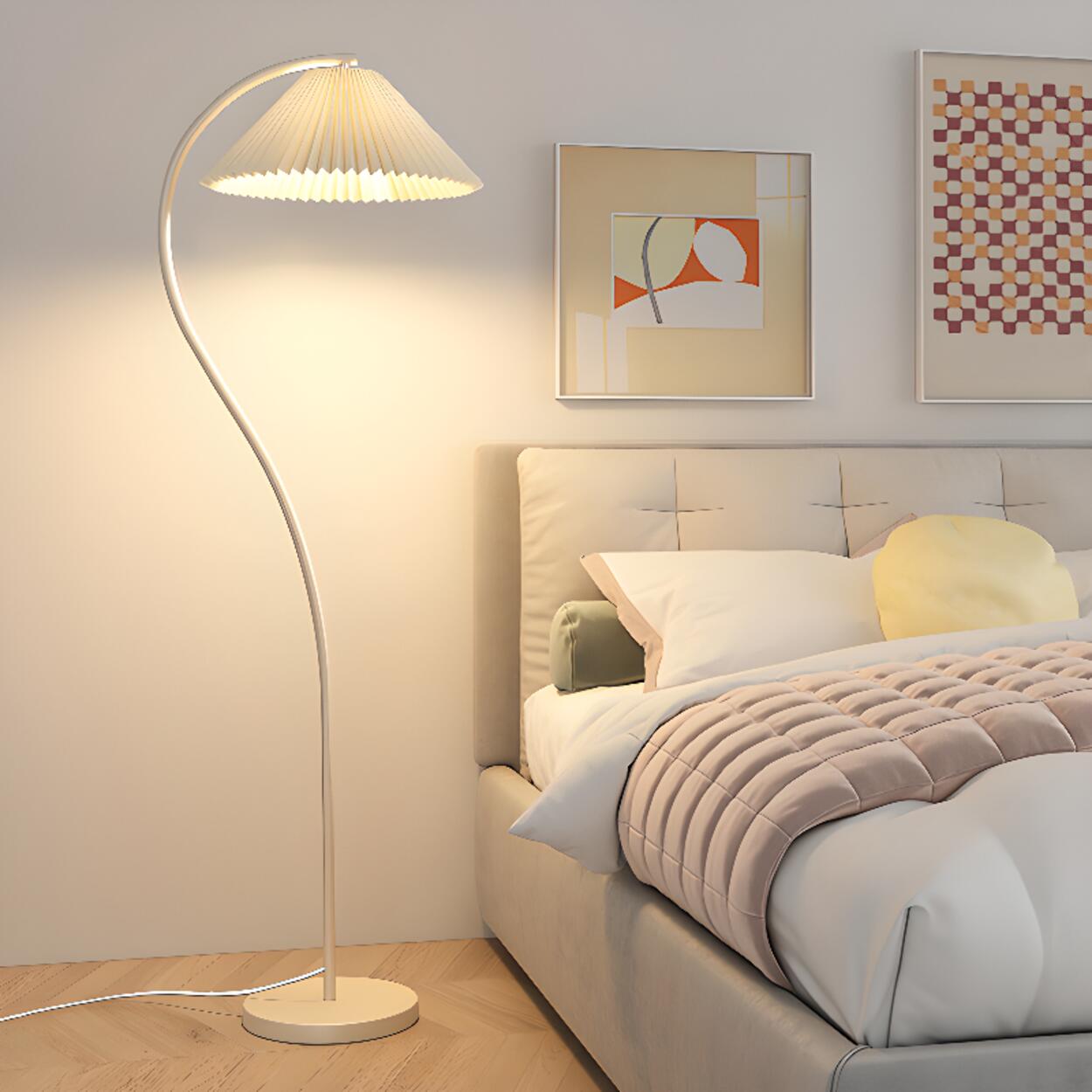 Elegant Pleated Fabric Cream Curved Floor Lamp