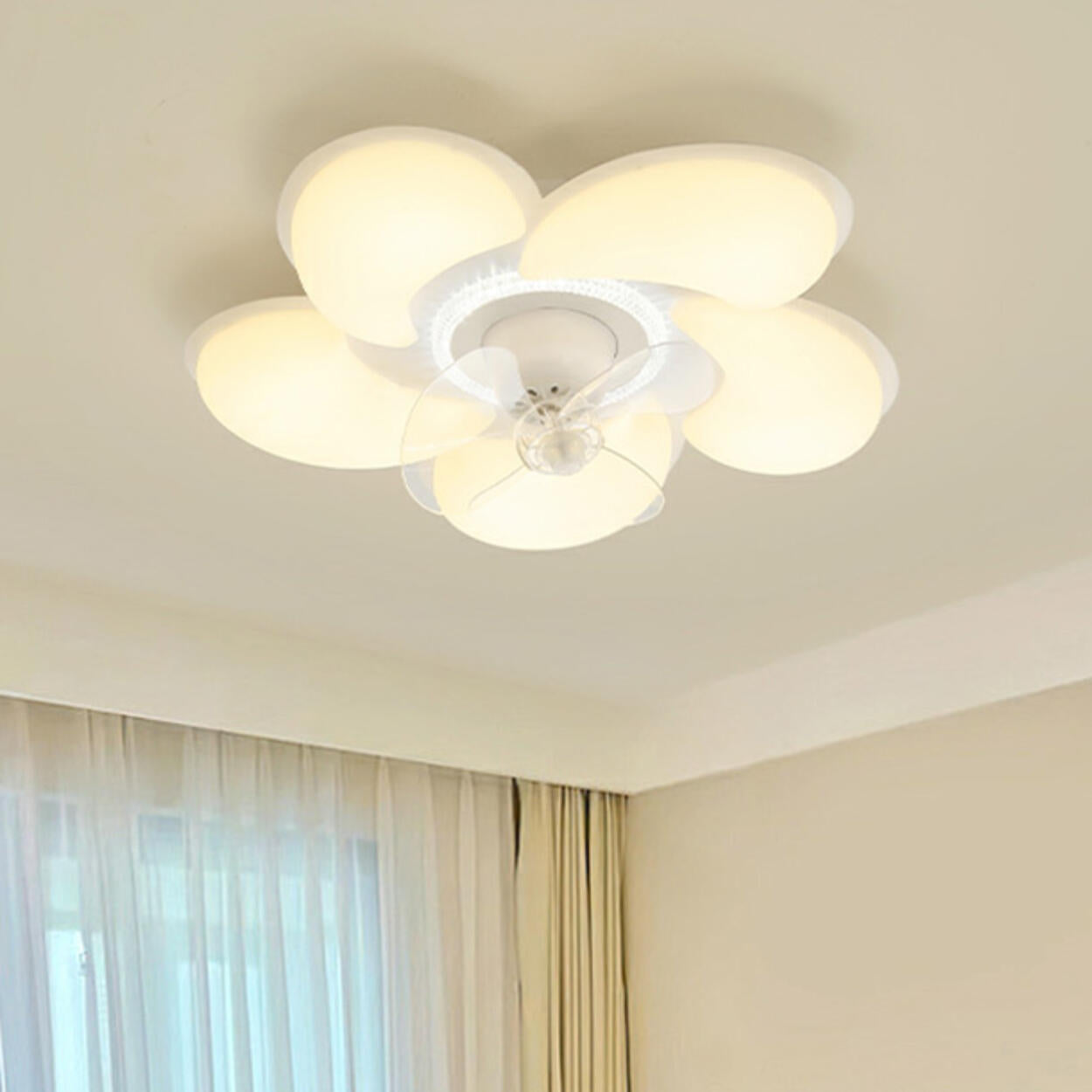 Elegant White Flower Flush LED Ceiling Fan with Light